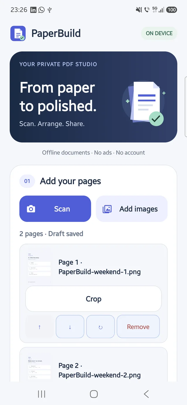PaperBuild app screenshot.