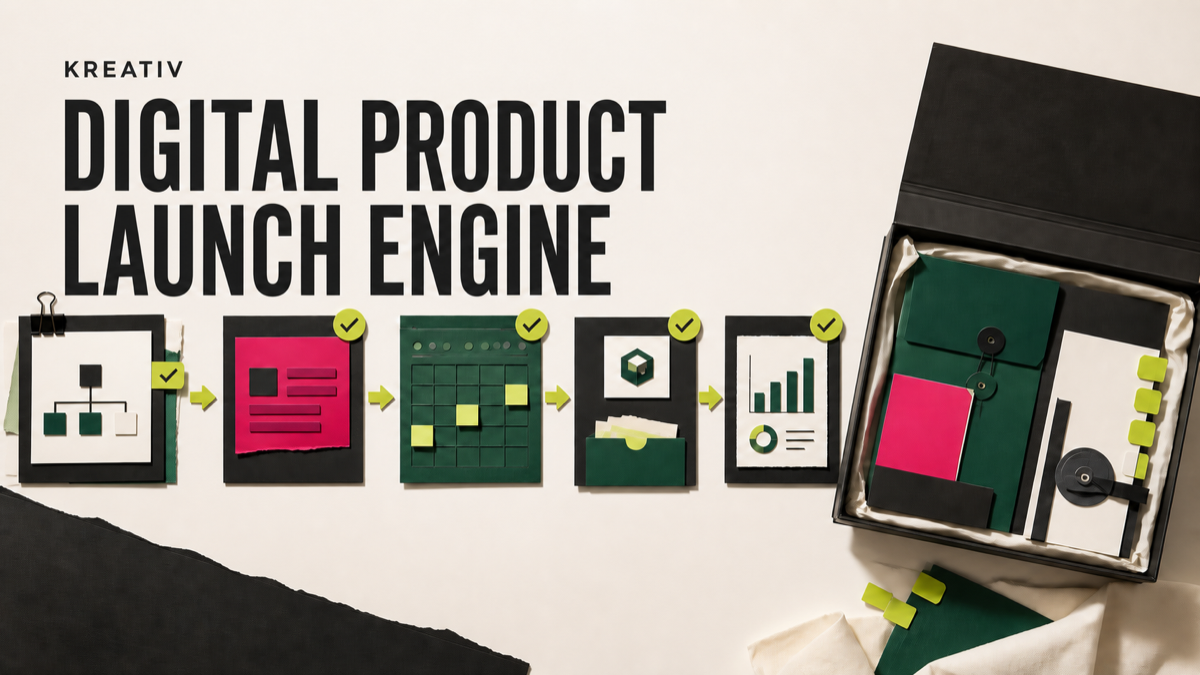 KREATIV Digital Product Launch Engine cover with black, green, pink, and lime campaign elements.