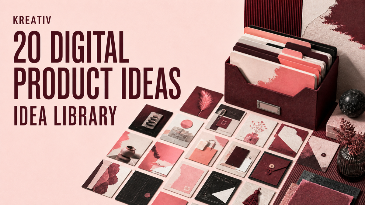 KREATIV Idea Library cover with a coral folder and 20 digital product idea cards.