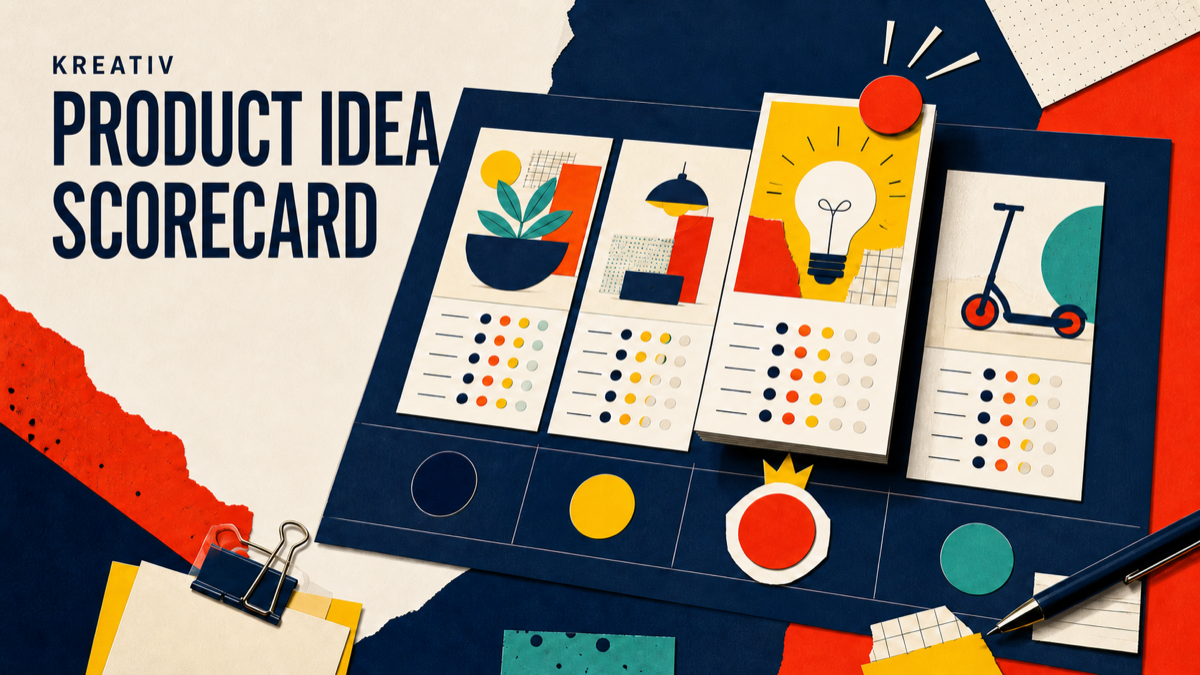 KREATIV Product Idea Scorecard cover with navy, yellow, orange, and teal decision cards.