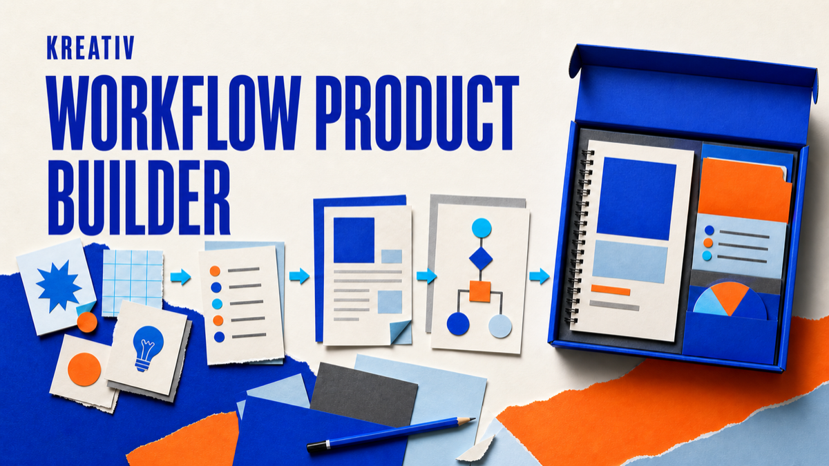KREATIV Workflow Product Builder cover with blue and orange workflow blocks.