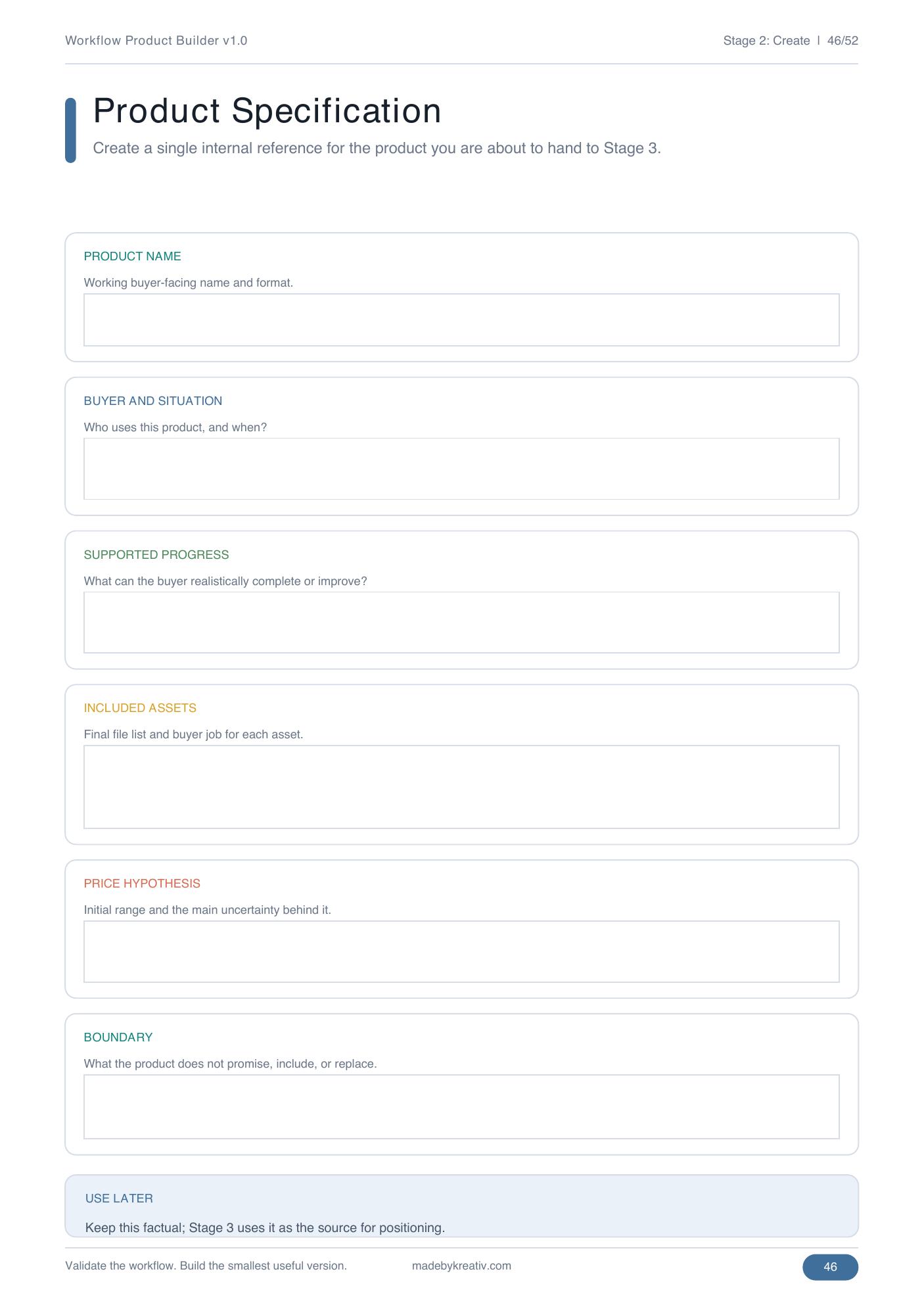 Product Specification worksheet used as the Launch Engine handoff.