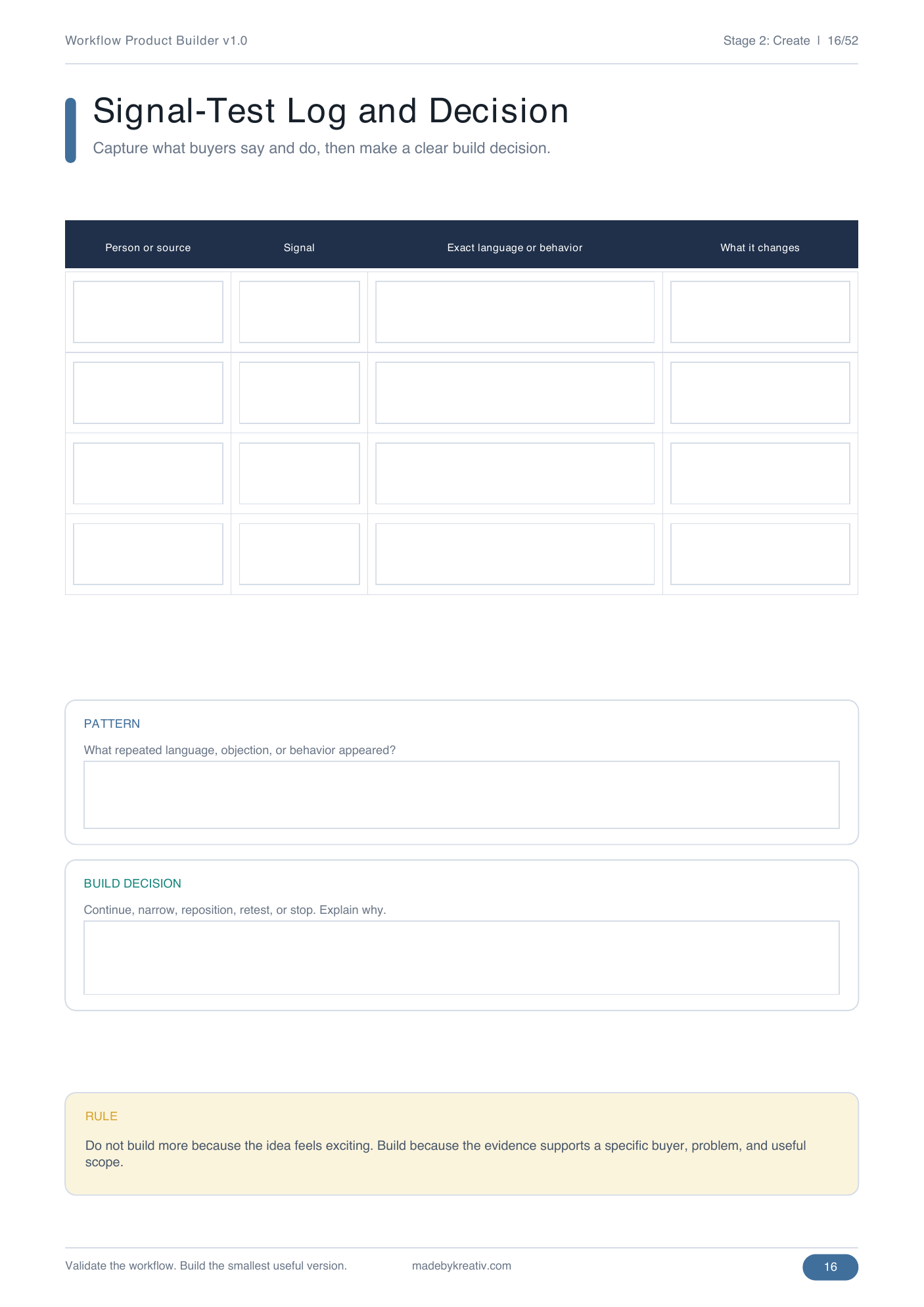 Signal Test Log for recording buyer language and behavior before building.