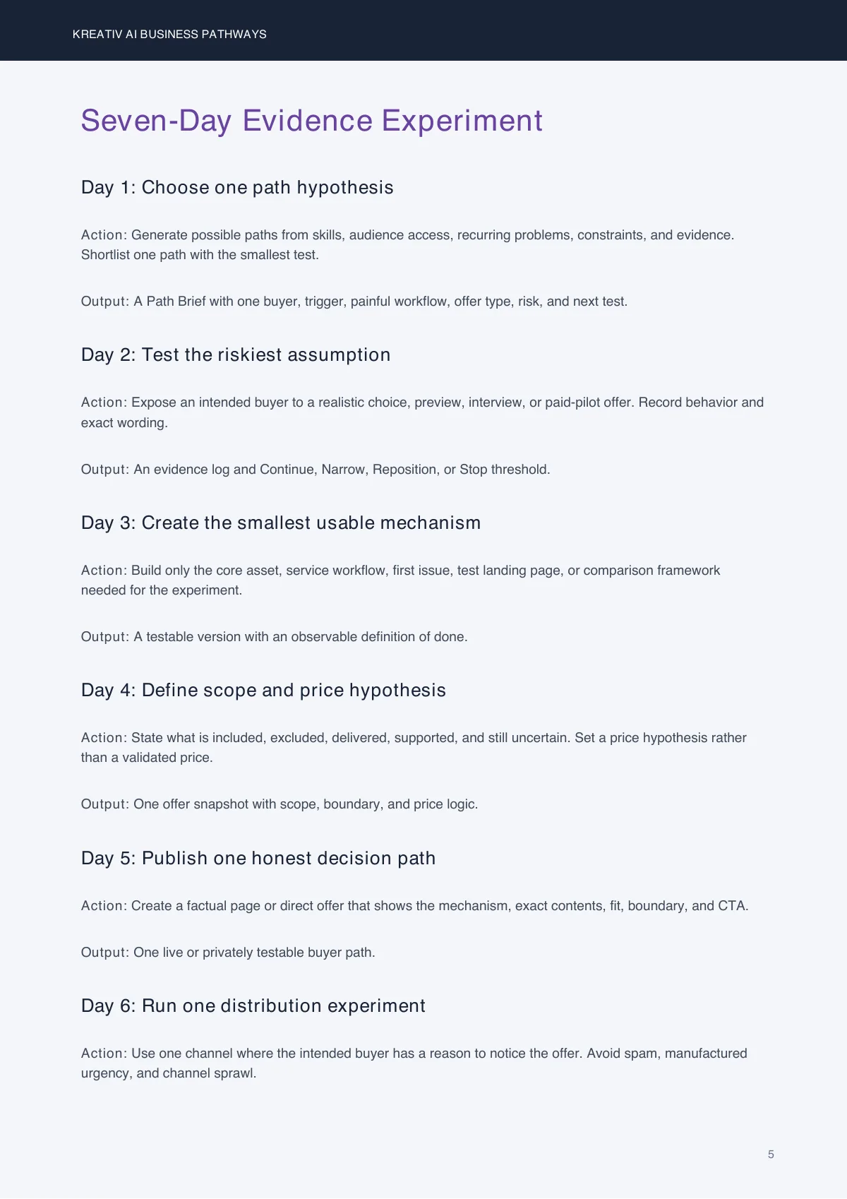 Seven-day evidence experiment from AI Business Pathways v1.2.