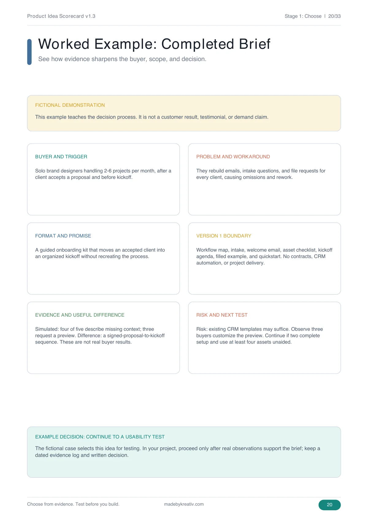 Completed fictional freelancer onboarding example from the current Product Idea Scorecard.