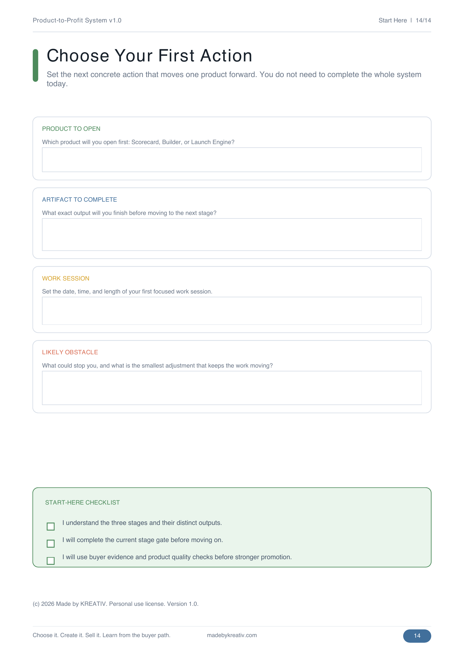 Product-to-Profit System worksheet for choosing the first product and work session.