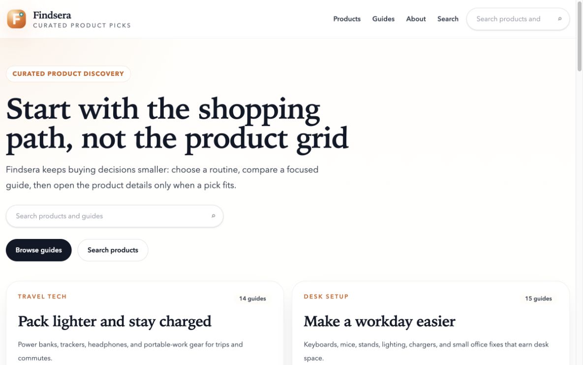 Find Sera homepage showing curated shopping paths and product guides.