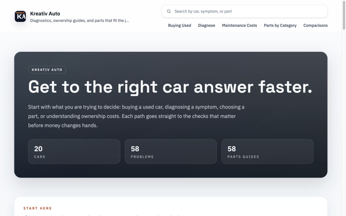 Kreativ Auto homepage showing public car, problem, and parts guide counts.