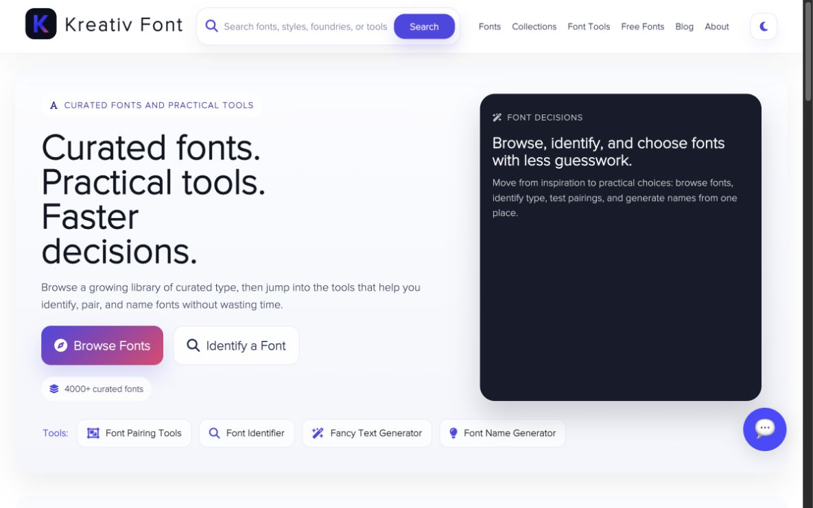 Kreativ Font homepage showing curated fonts, search, and practical font tools.