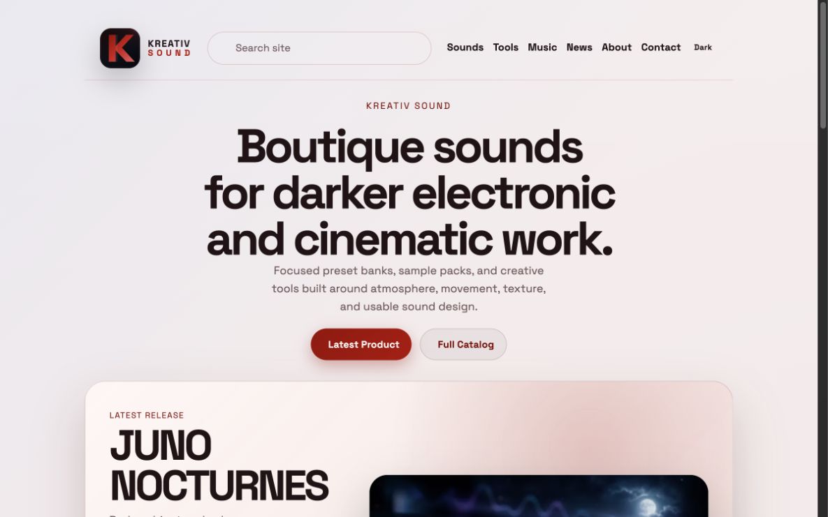 Kreativ Sound homepage presenting boutique sound packs for electronic and cinematic work.