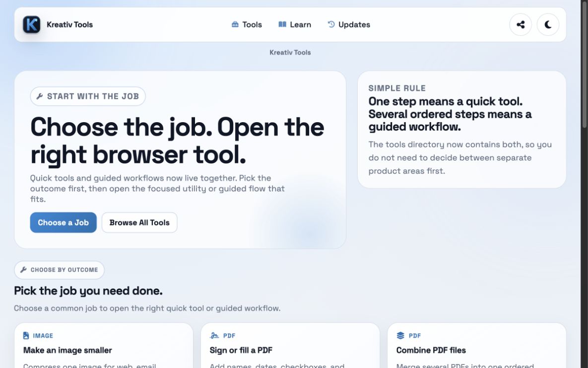 Kreativ Tools homepage showing browser-first job and workflow selection.