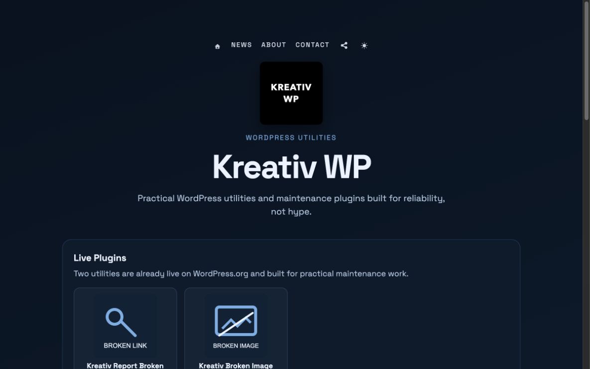 Kreativ WP homepage showing its live WordPress maintenance plugins.